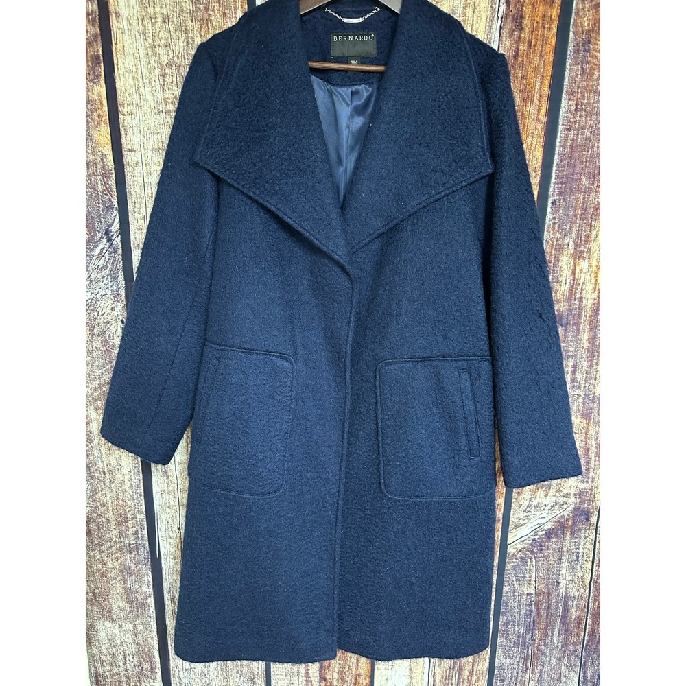 Bernardo Textured Wool Blend Coat Womens Sz Large Long Shawl Collar Luxury Navy - Picture 11 of 11